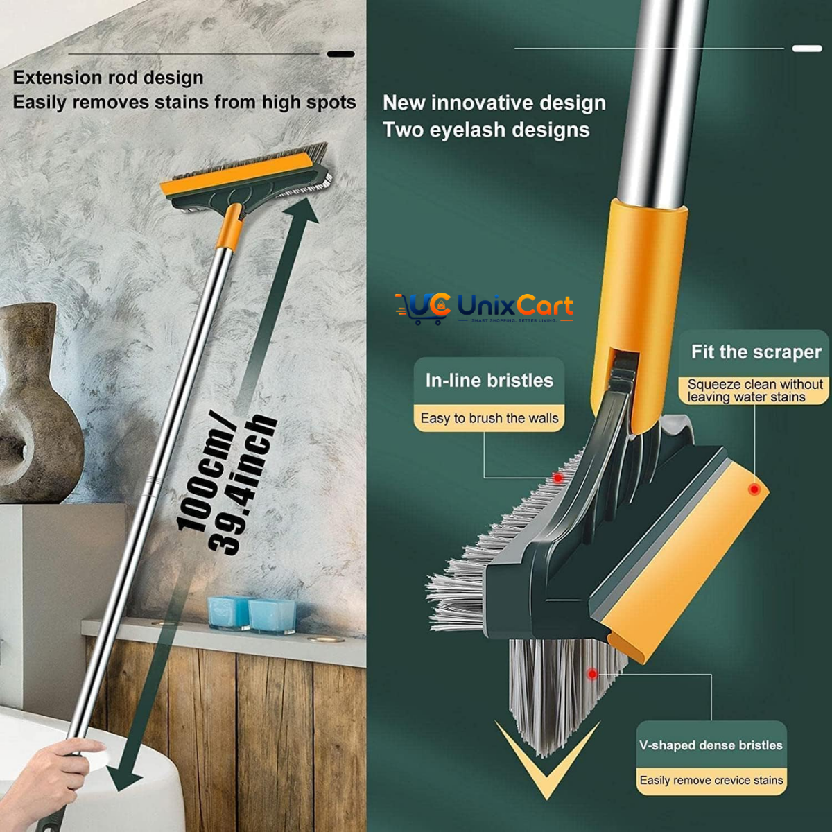 3 in 1 bathroom cleaning brush with wiper and long stainless steel handle