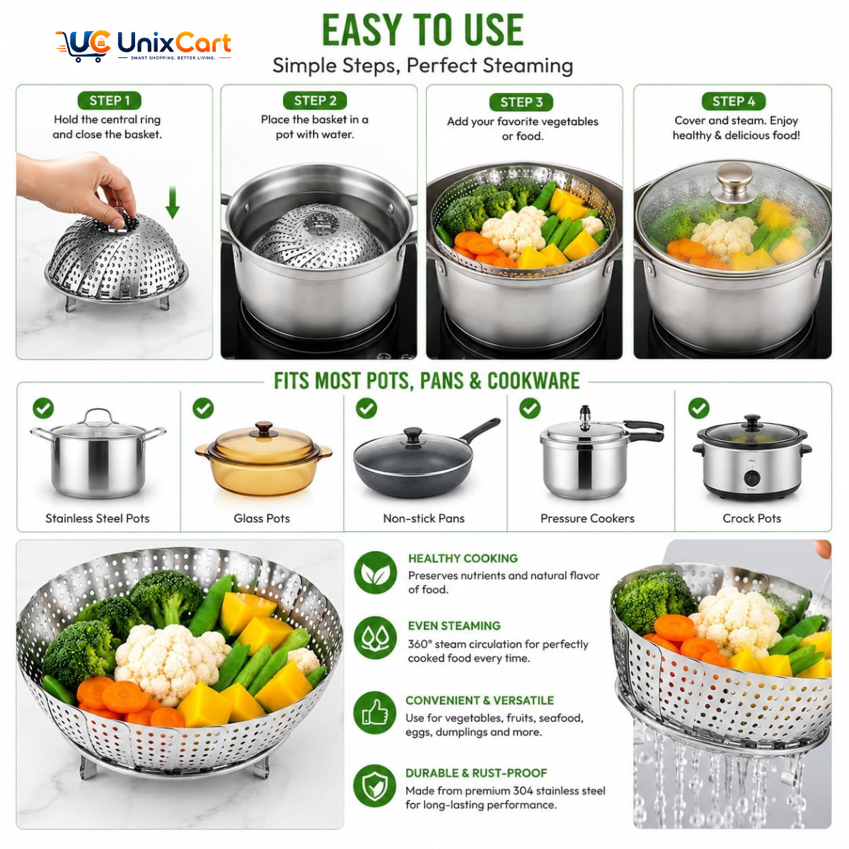 Stainless steel folding steamer basket