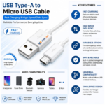 Micro USB cable for charging and data sync