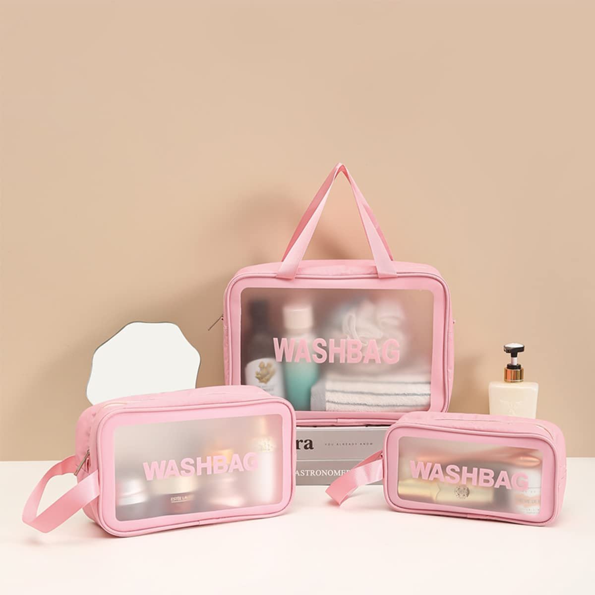 3 pcs wash bag set arranged by size with frosted waterproof panels