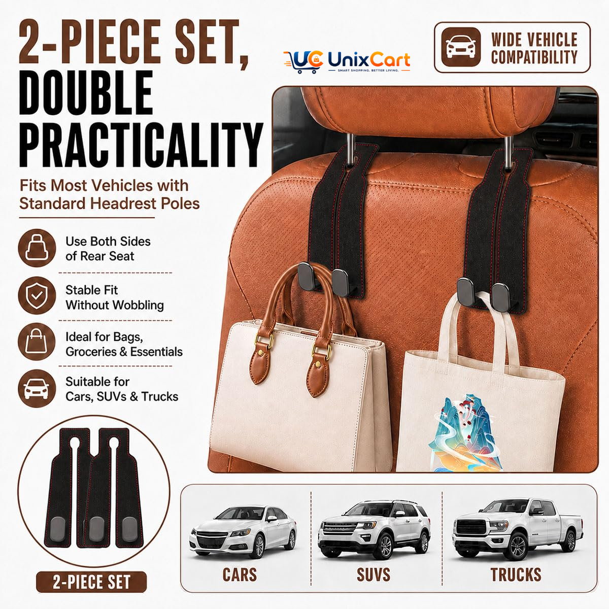 car seat headrest double hook + car seat headrest hook + car headrest bag hook + car purse hook + car bag holder + car organization accessories