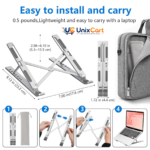 Foldable aluminium laptop stand in space grey showing 6 level adjustable height slots