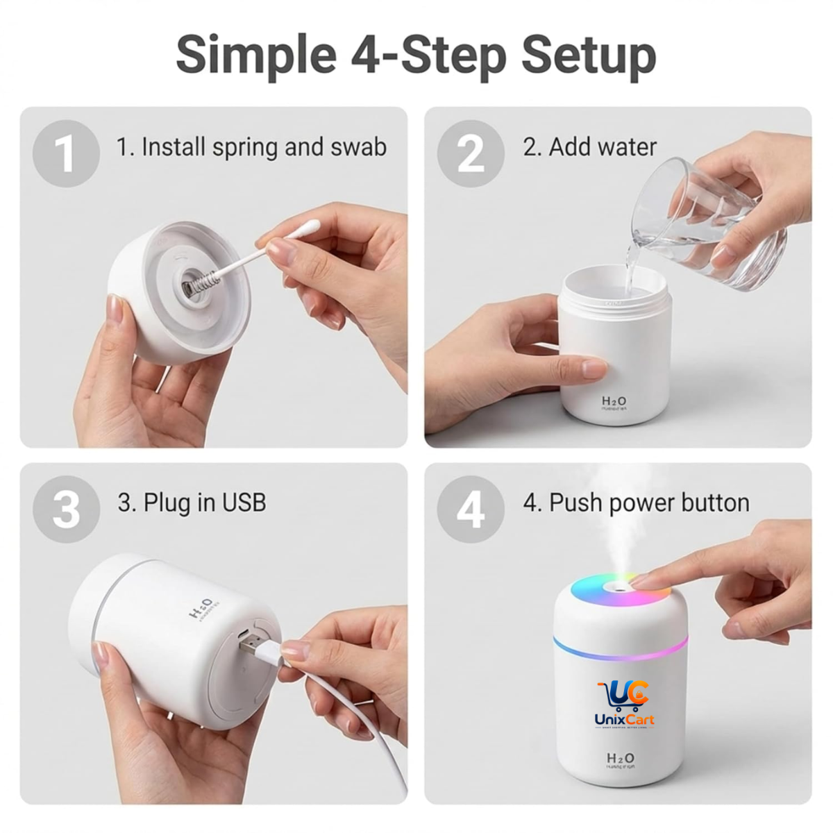 Compact ultrasonic H2O humidifier with LED