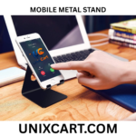 Mobile phone resting in portrait mode on foldable multi angle phone stand on office desk