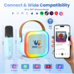 Young child singing into wireless microphone of K12 bluetooth speaker at home