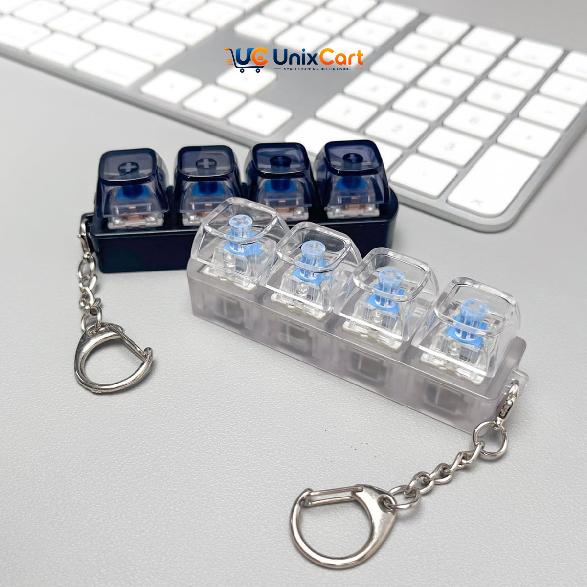 Hand pressing keycap on keyboard fidget toy showing bright blue led flash