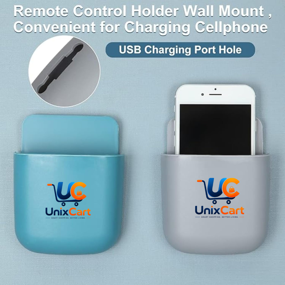 Wall mounted mobile phone holder in clean white finish installed next to wall socket
