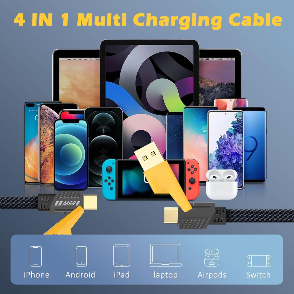 65W multi charging data cable for compatible devices