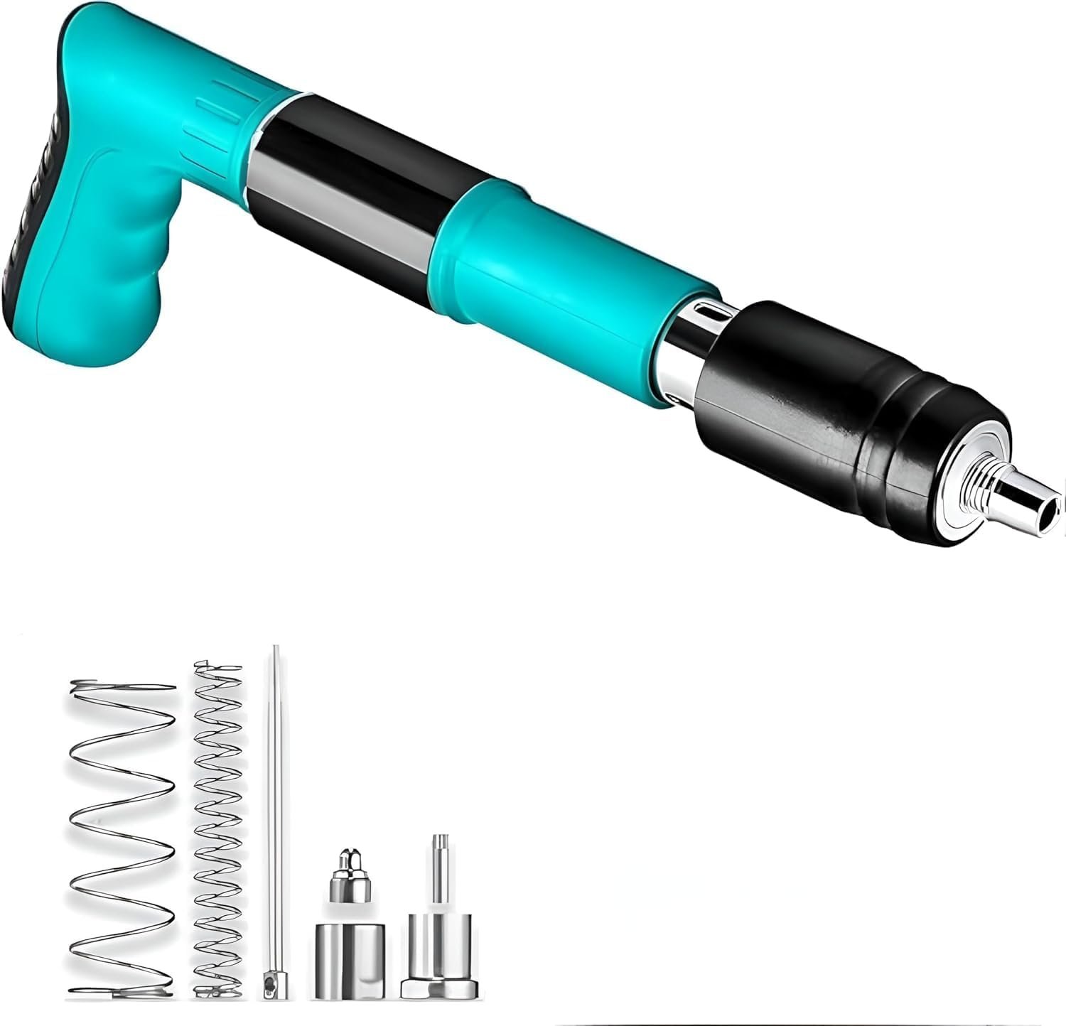 Nail gun held perpendicular to a concrete wall before firing