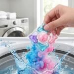 Laundry pod being dropped into washing machine drum