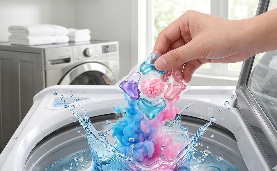 Laundry pod being dropped into washing machine drum