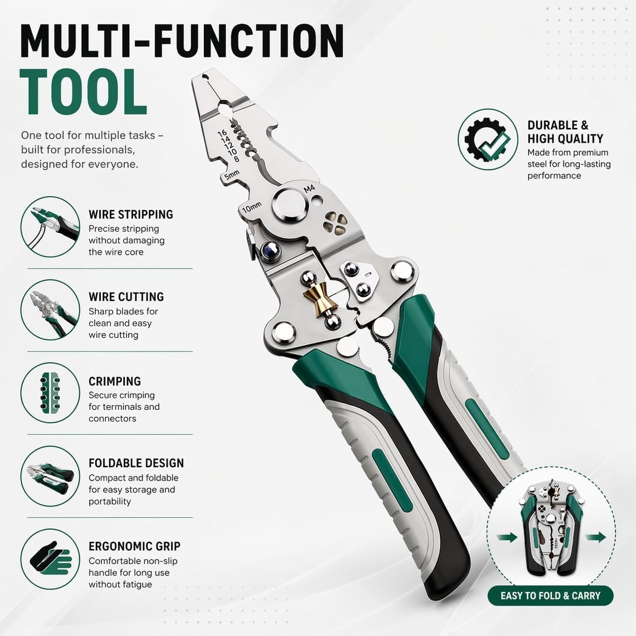 Wire stripper tool unfolded showing multiple functions