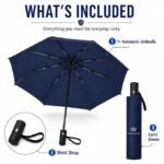 Pedestrian walking in monsoon rain using a 3 fold umbrella for shelter
