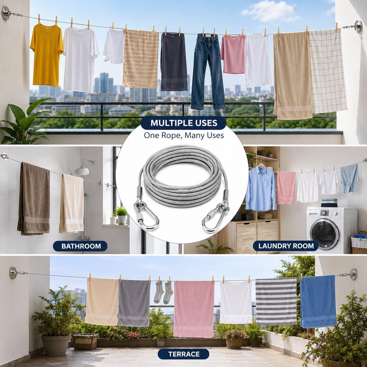 Portable steel clothes drying rope for travel