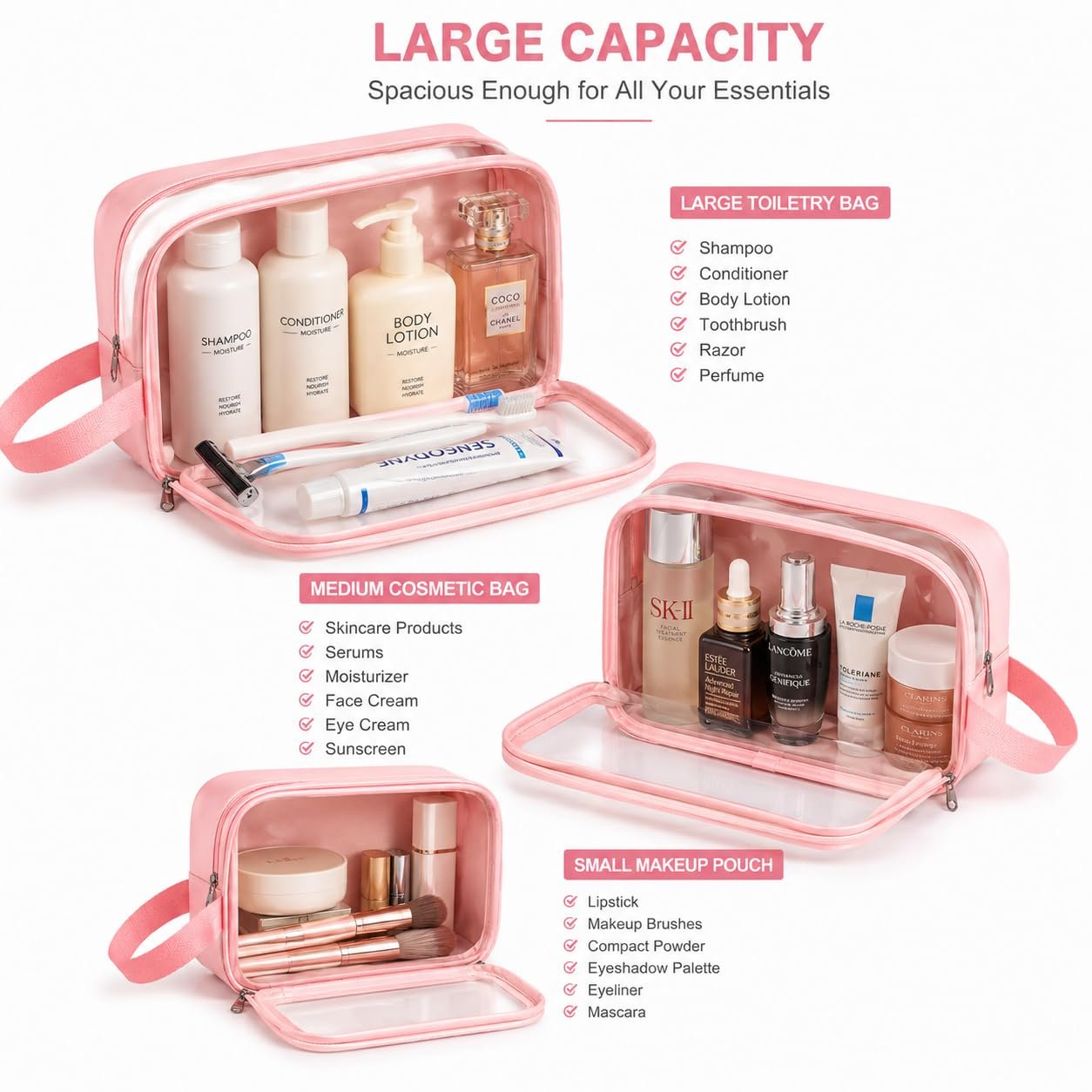 Three clear travel wash bags packed neatly inside an open suitcase compartment