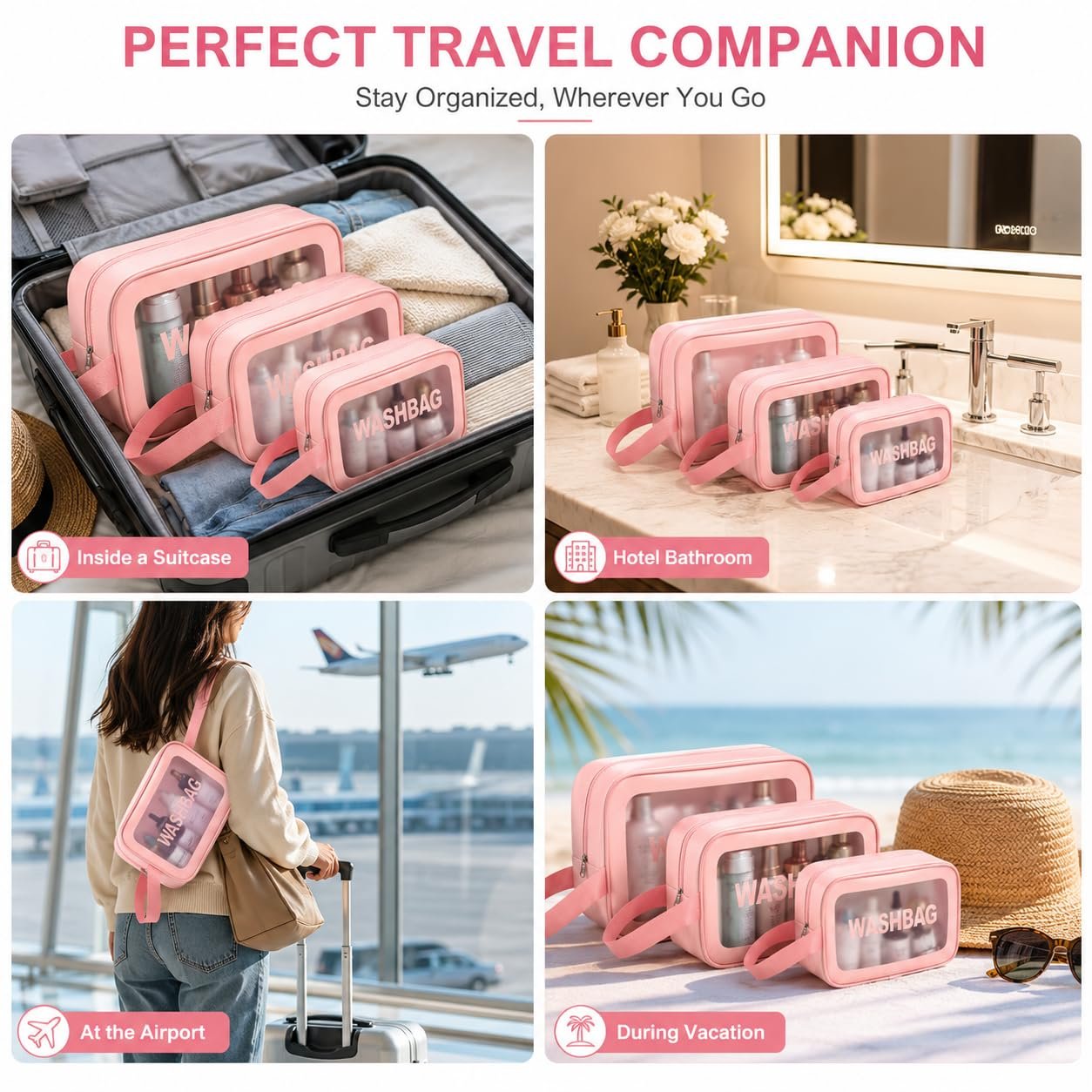 Three piece wash bag set nested flat together for compact storage