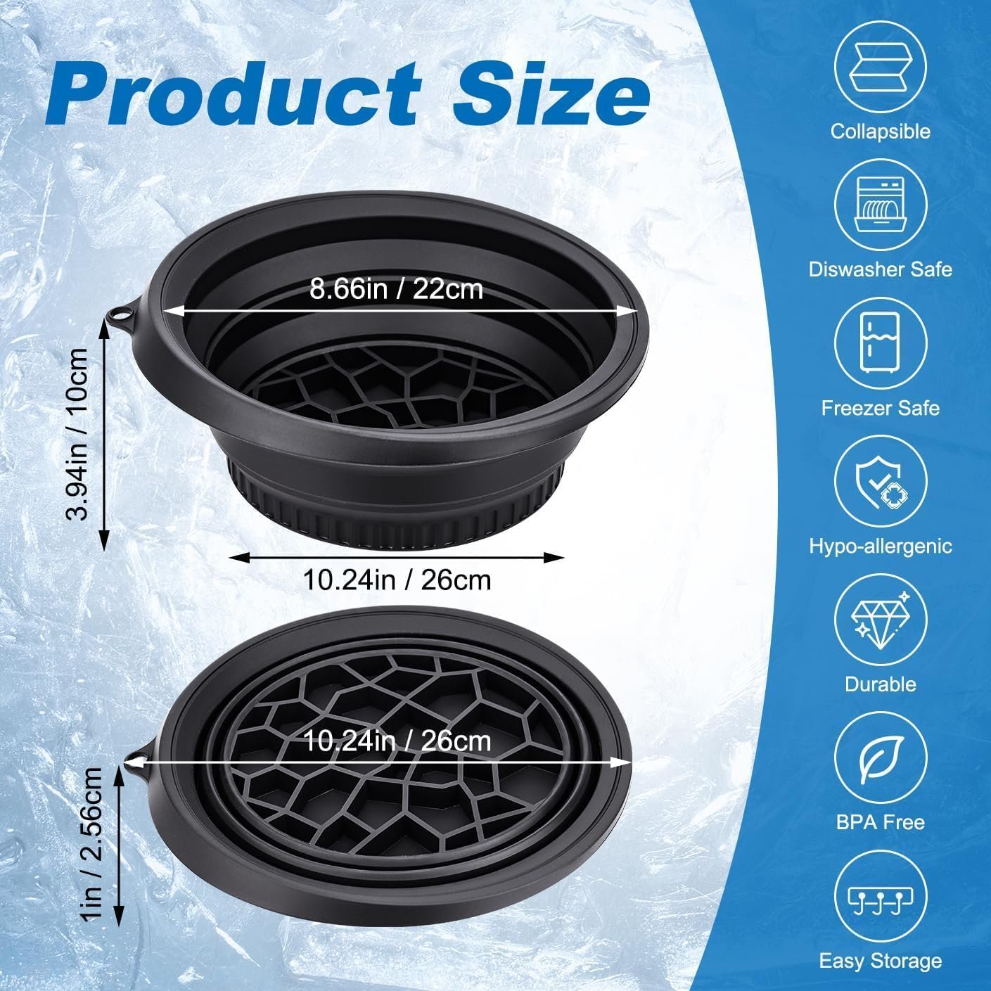 This collapsible silicone face ice bath bowl comes with a built-in ice tray, folding flat for storage between facial ice dips at home.
