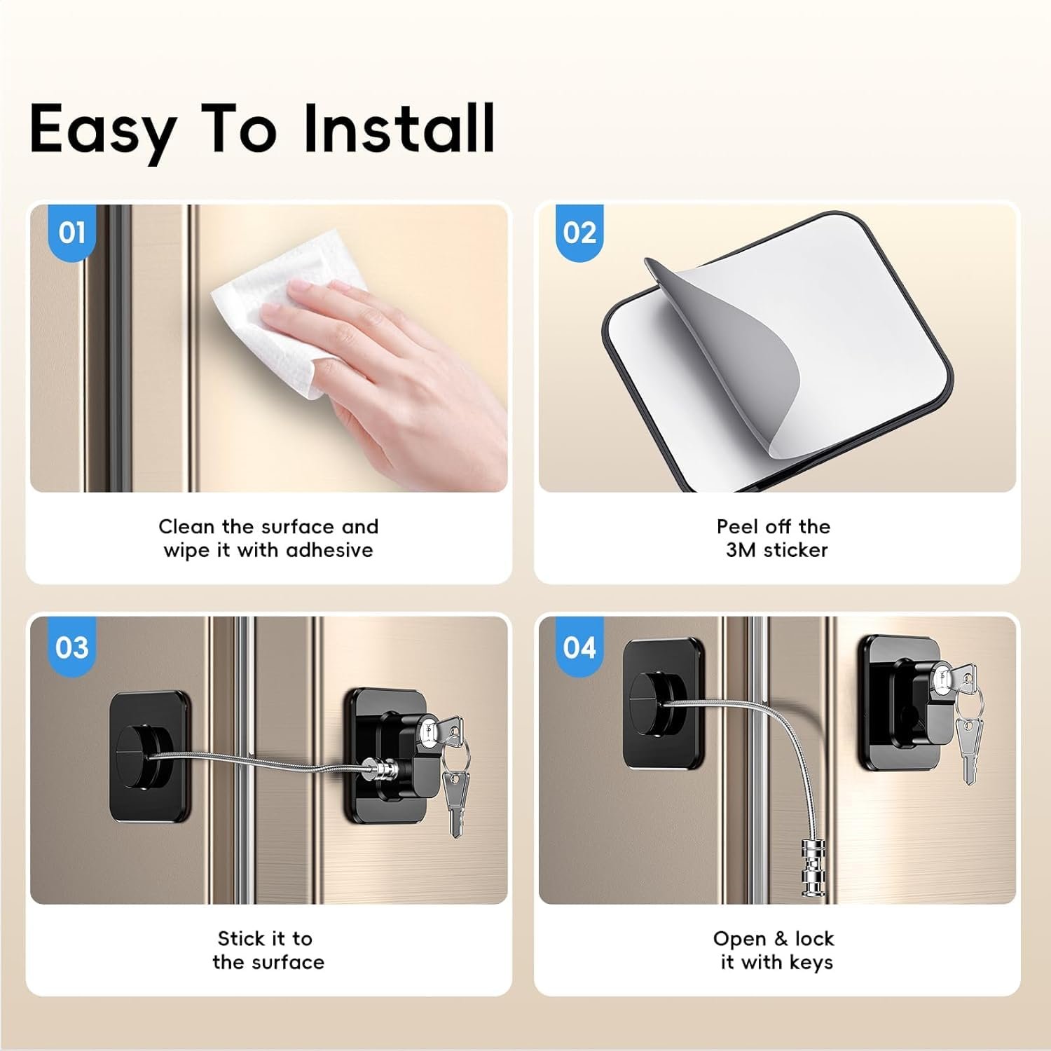 Child safety lock with steel cable on fridge handle