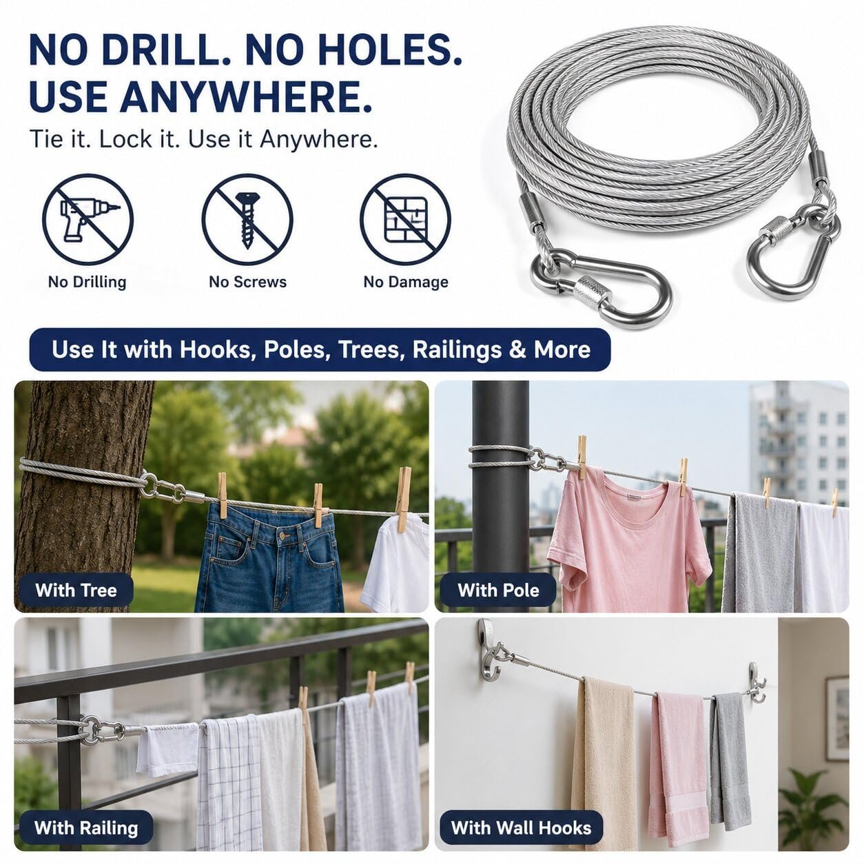 Stainless steel clothesline for drying clothes