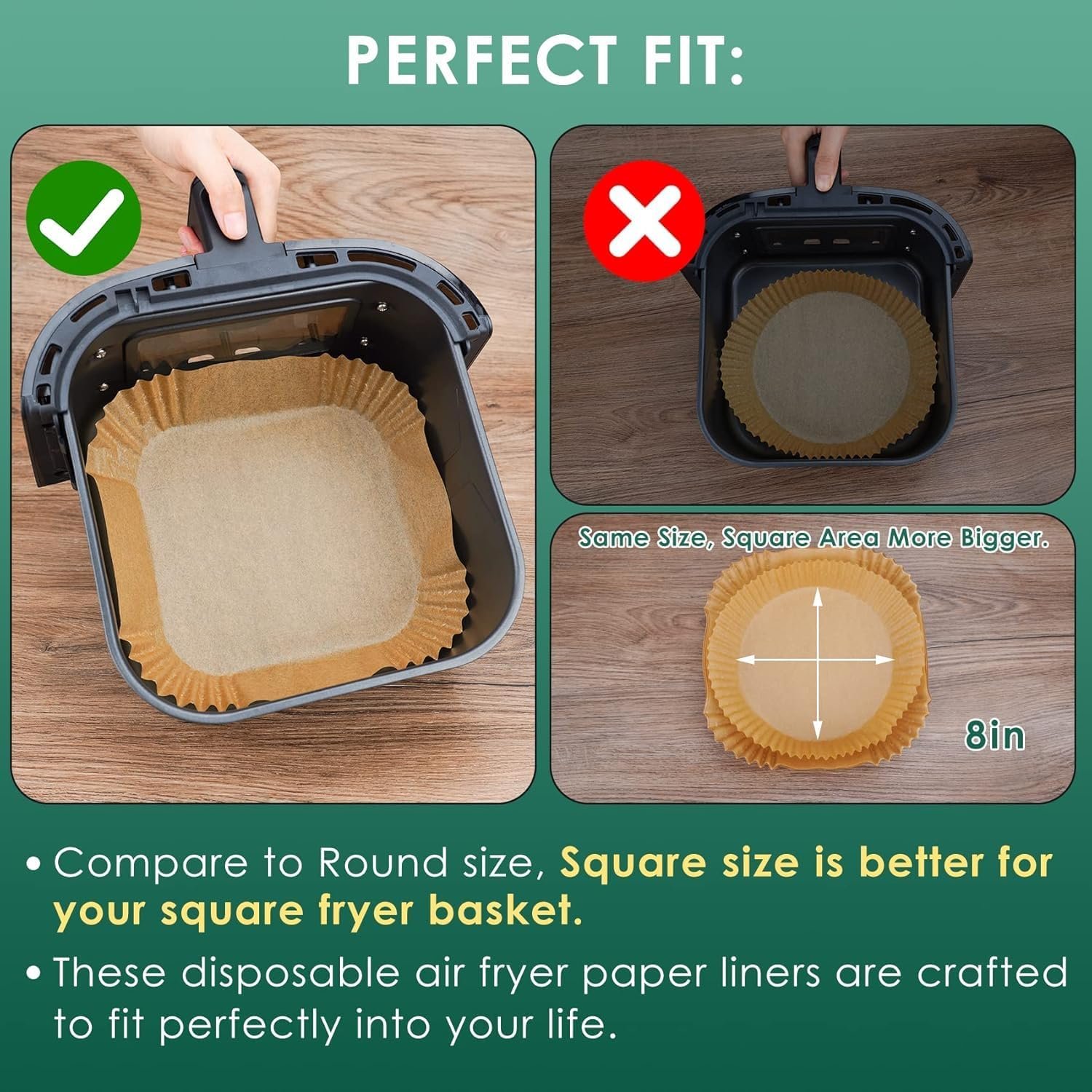 Air fryer basket lined with paper sheet before cooking