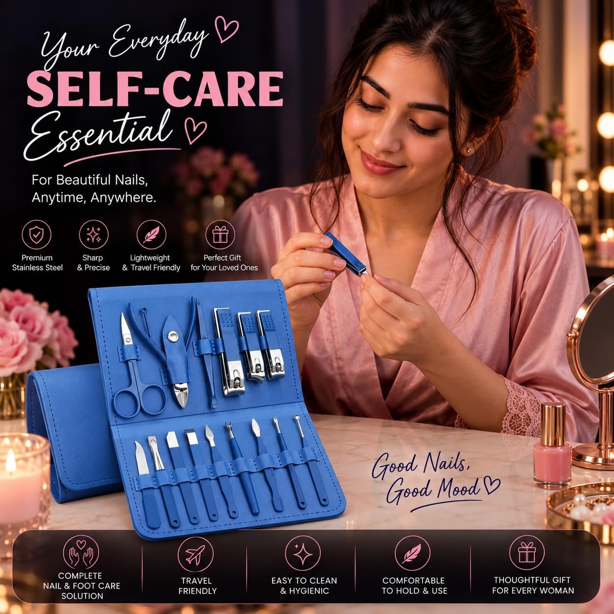 stainless steel manicure kit with grooming tools