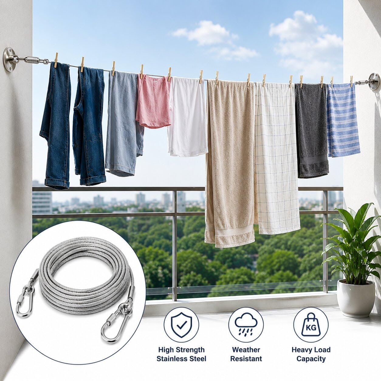 Heavy duty steel clothes drying rope