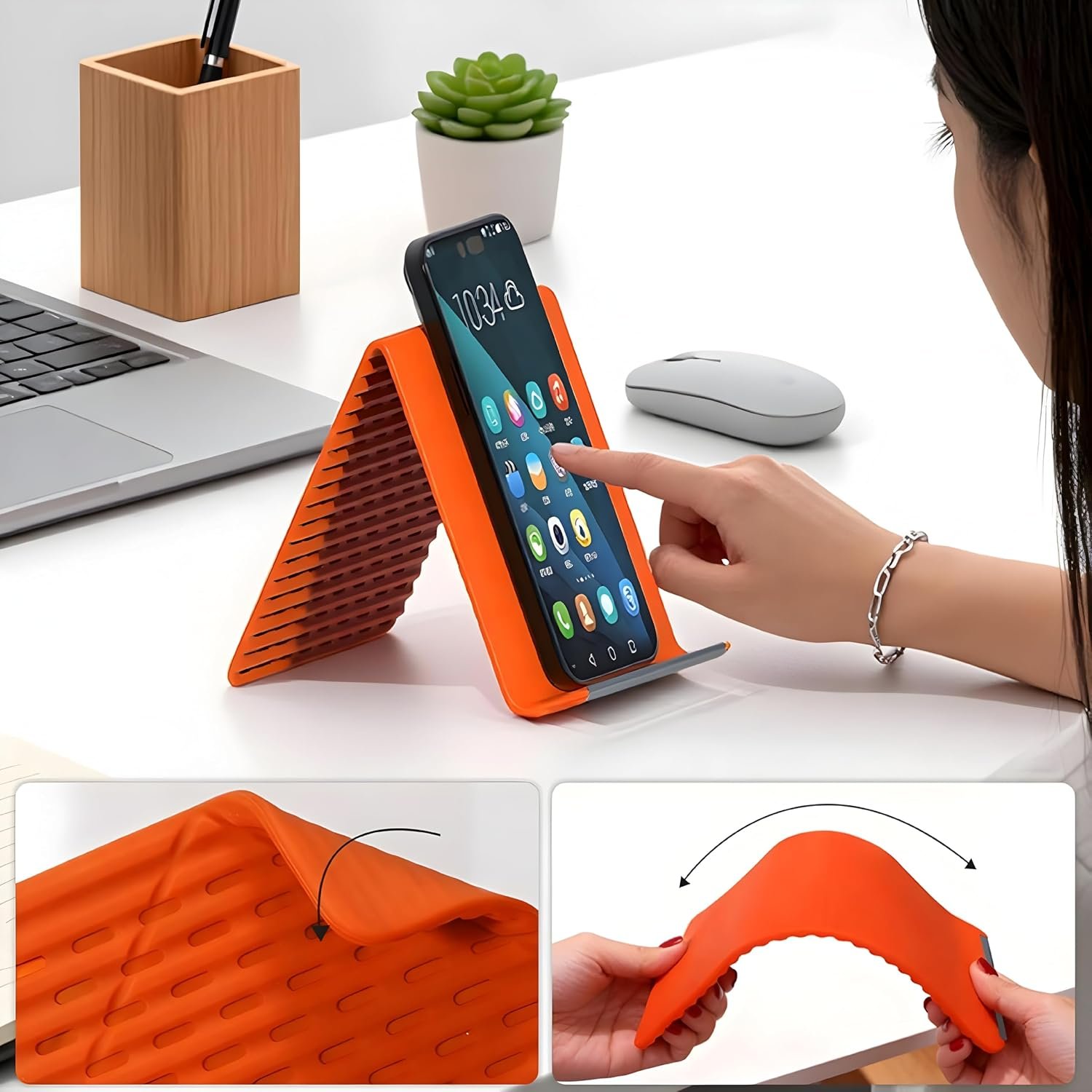 Foldable orange phone stand with anti-slip base