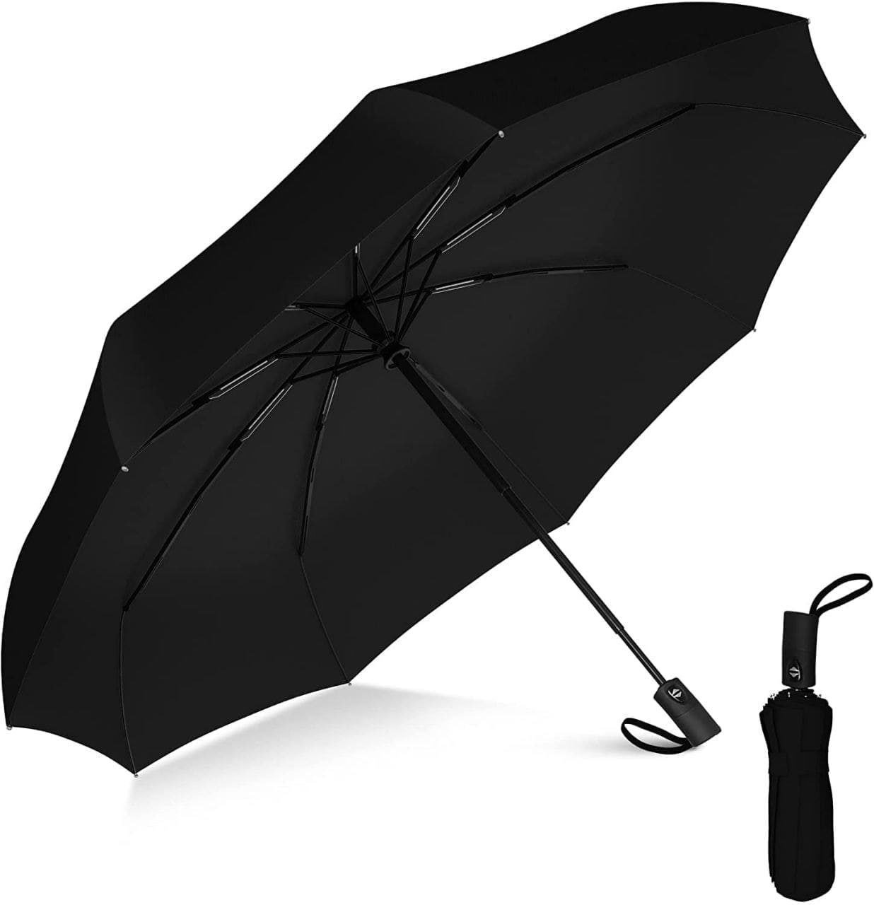 Umbrella open in rain showing windproof frame